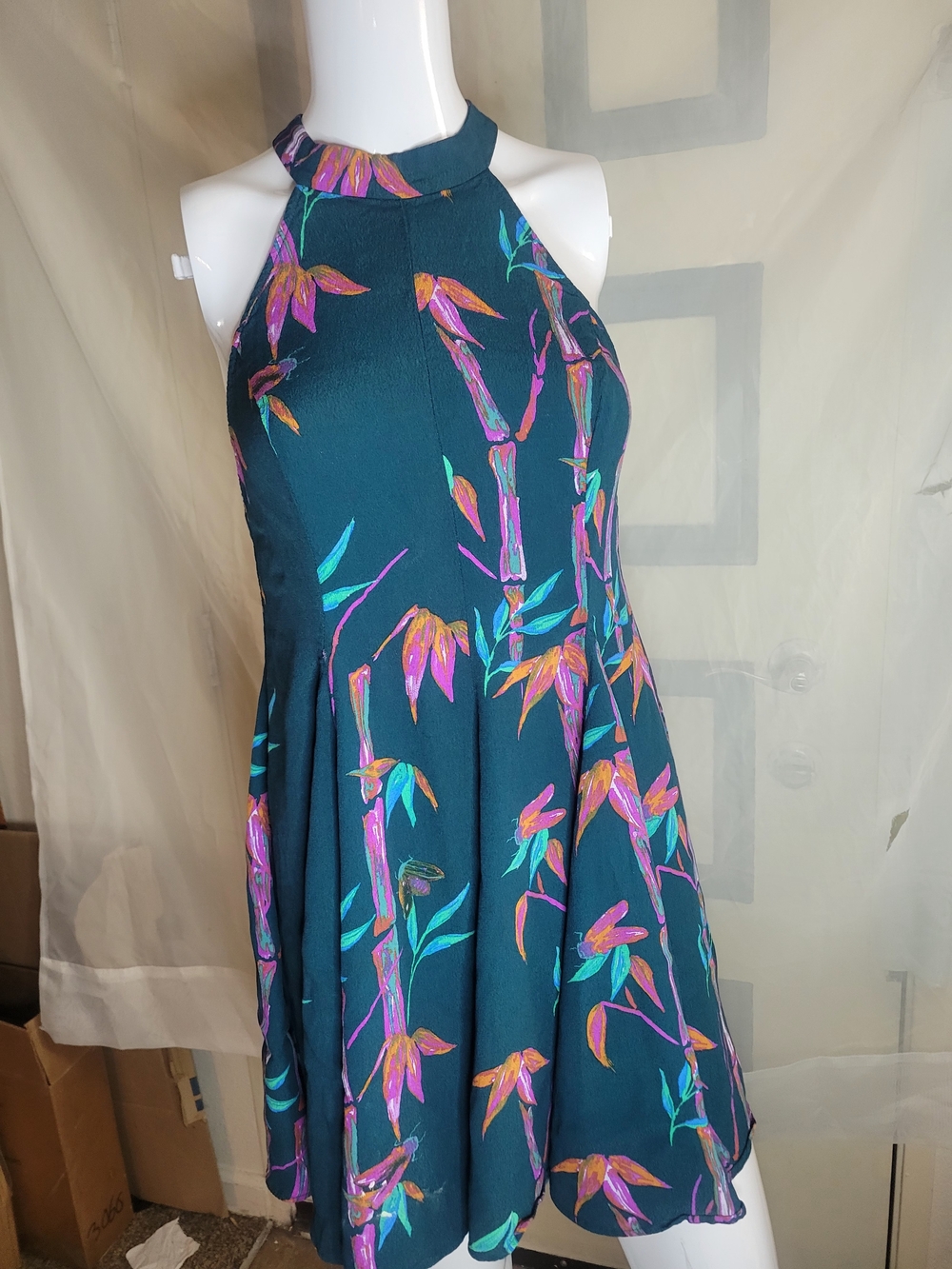 Kimchi Blue Teal Floral Halter Swing Dress with Pink and Turquoise Blooms